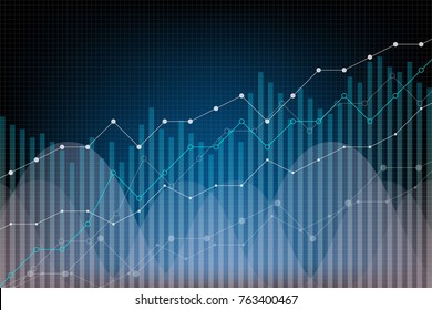 Financial graph data, profit trend vector illustration. Investment growth concept, diagram bars, trend lines, blue dynamic background. 