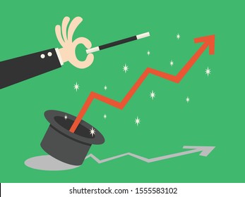 Financial graph flying out of magical hat and hand with magic wand. Growth, income, savings, investment. Symbol of wealth. Business success. Flat style vector illustration.