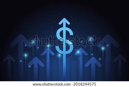 Financial graph with group of up trend arrow and dollar sign on blue chart color background