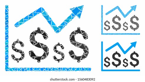 Financial graph mosaic of inequal items in different sizes and color tints, based on financial graph icon. Vector humpy elements are combined into mosaic.
