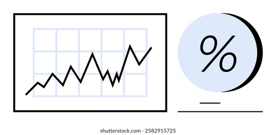 Financial graph with rising trendline pointing upwards and percentage symbol illustrating growth metrics. Ideal for business presentation, financial analysis, investment reports, economic trends