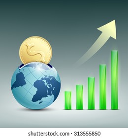 Financial graph showing increase. Globe bank with gold coin. Stock vector image.