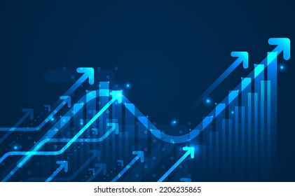 Financial graph with uptrend line and arrows on blue color background.  Business and finance concept