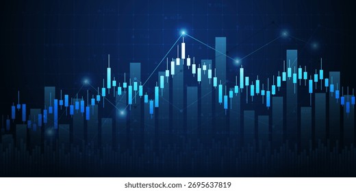 Gráfico financiero con gráfico de barras de tecnología de línea ascendente del mercado de valores sobre fondo de color azul