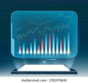 Financial graphs and charts on the projection screen of the smartphone. Vector illustration