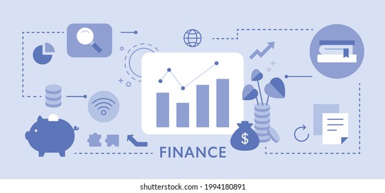 Financial graphs and icons connected to each other. Blue monotone infographic banner. flat design style minimal vector illustration.