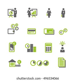 Financial green gray icons vector set for mobile, website, application - euro, money, finance, loan, mortgage. Financial icons. Financial icons flat design.