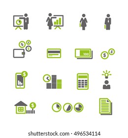 Financial green gray icons vector set for mobile, website, application - dollar, money, finance, loan, mortgage. Financial icons. Financial icons flat design.