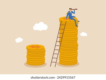 Financial growing, investment growth, interest rate rising up or economic forecast prediction, businessman up on money stack using telescope looking to the future