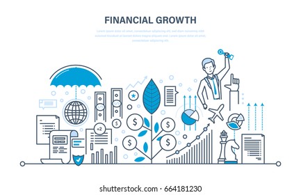 Financial growth. Analysis, market research, deposits, savings, statistics and management, growth of deposits and investments, protection of finance. Illustration thin line design of vector doodles.