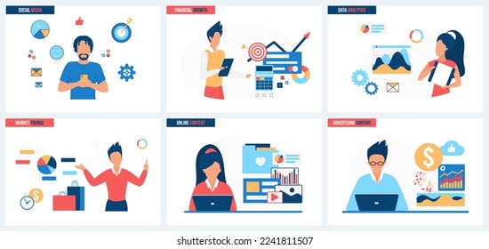 Financial growth analytics, advertising market trends and social media marketing, online content development set vector illustration. Cartoon tiny people work with statistic data charts, reports