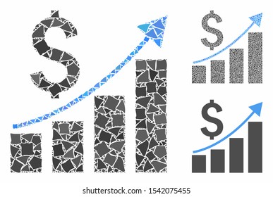Financial growth bar chart composition of ragged pieces in different sizes and color tones, based on financial growth bar chart icon. Vector ragged pieces are united into collage.