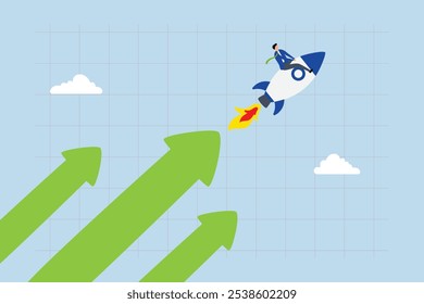 Financial growth, businessman soaring on rocket booster alongside growth arrow.