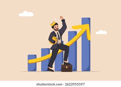 Financial Growth A Businessman Wearing a Crown, Holding Gold Coins, and Raising His Fist While Standing on an Upward Trending Bar Graph with a Yellow Arrow.