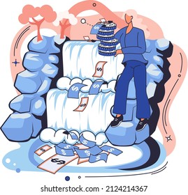 Financial growth, cash flow and business development idea. Investments, income and profit increase concept. Waterfall with money, dollar bills. Financial strategy, profitability, passive income