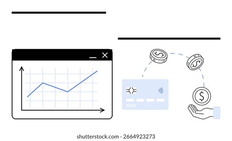 Gráfico de crecimiento financiero en la ventana de análisis junto a la tarjeta de crédito y la mano que recibe monedas. Ideal para finanzas, pagos digitales, banca, inversiones, comercio electrónico, ahorros, presupuestos. Metáfora de línea
