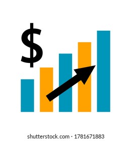 Financial growth chart with arrow and money sign. Successful business symbol. Isolated object. Vector illustration in a flat style.