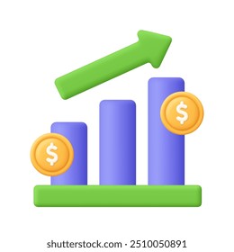 Gráfico de crescimento financeiro com moedas. Gráfico com barras e seta verde ascendente. Conceito de financiamento, capital e aumento monetário. ícone de vetor 3d. Estilo mínimo de desenho animado.