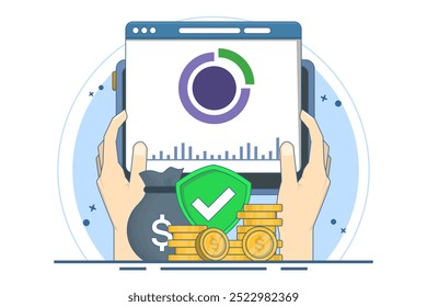 Financial growth chart concept, financial business growth chart. Tablet with protective case, business growth, profit increase, investment, sales increase, digital marketing illustration.