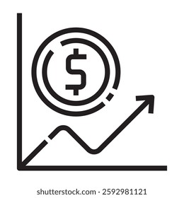 Financial growth chart icon, investment and economic success symbol, black and white vector illustration isolated on white background.