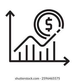 Financial growth chart icon, investment and economic success symbol, black and white vector illustration isolated on white background.