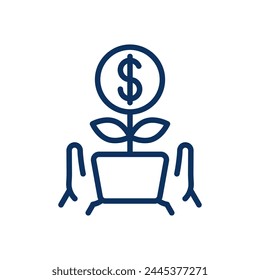 Financial Growth Children Education Icon. Thin Line Illustration of a Money Plant in a Pot with Dollar Sign, Representing Savings, Investment, and Financial Literacy for Kids