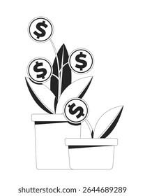 Crescimento financeiro com plantas de moedas em vasos objeto de linha 2D. Investimento em lucro, cultivo de poupança. Dollar money flowerpots crescente isolado clipart vetor tinta contorno item. Ilustração de ponto monocromático