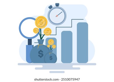 Crescimento financeiro. Analisar o investimento, o sucesso financeiro e o crescimento do dinheiro. Gestão financeira, investimento em dinheiro, poupança de ativos, crescimento monetário. Ilustração de vetor plano no plano de fundo.