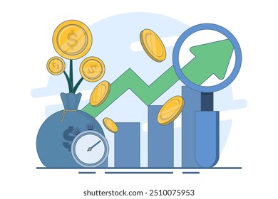 Crescimento financeiro. Analisar o investimento, o sucesso financeiro e o crescimento do dinheiro. Gestão financeira, investimento em dinheiro, poupança de ativos, crescimento monetário. Ilustração de vetor plano no plano de fundo.