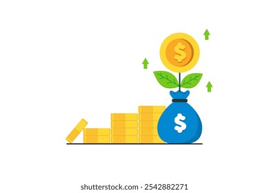 Crescimento financeiro. Analisar o investimento, o sucesso financeiro e o crescimento do dinheiro. Gestão financeira, investimento em dinheiro, poupança de ativos, crescimento monetário. Ilustração plana