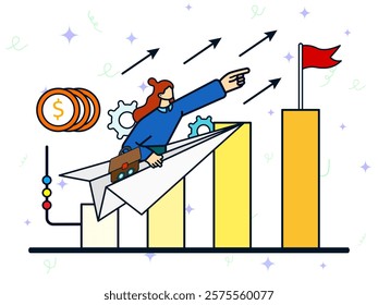 Financial growth concept. Businesswoman people riding paper airplane to reaching achievement. Cartoon flat vector illustration. 