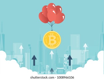 Financial growth concept with golden Bitcoins. up or down income graph with bitcoin vector design.