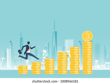 Financial growth concept with golden Bitcoins. up or down income graph with bitcoin vector design.