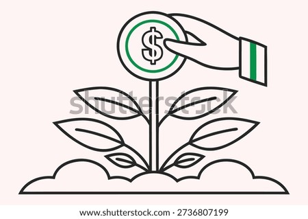 Financial Growth Concept: Hand Nurturing a Plant with a Coin, Representing Investment and Prosperity