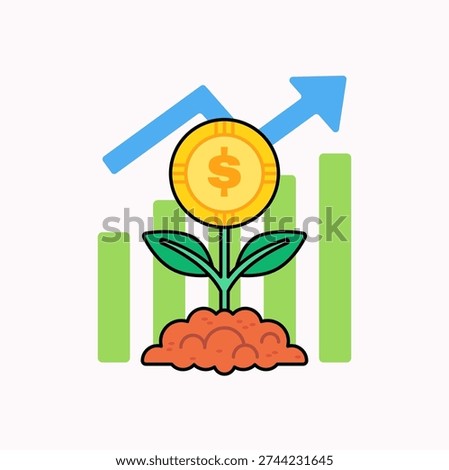 Financial growth concept illustration featuring a gold coin with dollar symbol growing as a plant from soil, with upward arrow and bar chart ideal for investment, savings, profit increase