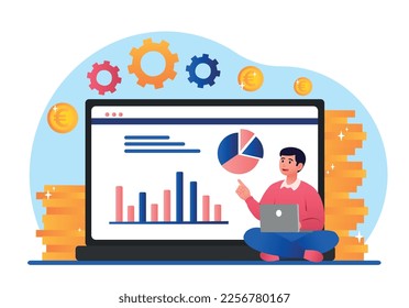 Concepto de crecimiento financiero. El hombre con portátil se sienta y observa gráficos, diagramas y gráficos en el fondo de las monedas de oro. Ingresos pasivos y alfabetización financiera. Dibujo vectorial plano de dibujos animados