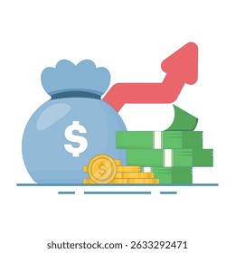 financial growth concept with stacks of coins and dollar bills and money bags. bar chart showing growth, depicting financial success and investment, money investment. Increase in income or profit.