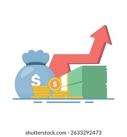 financial growth concept with stacks of coins and dollar bills and money bags. bar chart showing growth, depicting financial success and investment, money investment. Increase in income or profit.