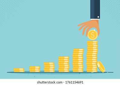 Financial growth concept with stacks of golden coins. concept of monetary collection or strategy of profit or benefit making in business to win. vector cartoon design.