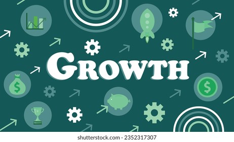 Concepto de crecimiento financiero diseño de pancartas vectoriales con íconos financieros como bolsa de dinero, moneda, banco de cerdos y gráfico sobre un fondo verde. Ilustración de afiche gráfico mínimo geométrico moderno.