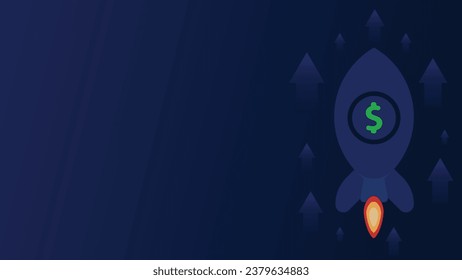 Financial growth concept vector banner design with rocket taking off icon, arrows, dolor sign coin and dark blue background. 