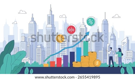 Financial Growth Concept Visualized with City Skyline and Upward Trend Graph Demonstrating Economic Progress