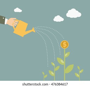 Financial growth concept. Watering can with plants and dollar coin.