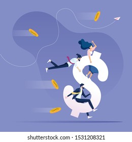 Financial growth concept-Business team riding dollar sign to move forward