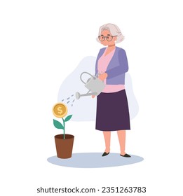 Financial Growth and Contentment. Happy Senior Citizen Watering Money Plant. Flt vector cartoon illustration