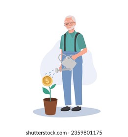 Financial Growth and Contentment. Happy Senior Citizen Watering Money Plant. Flt vector cartoon illustration