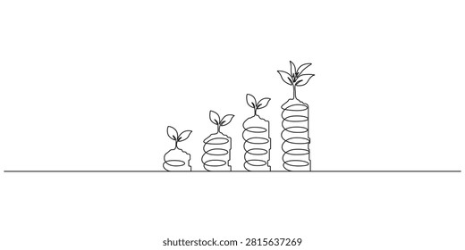 Financial growth continuous line drawing of growing coins with plants vector illustration. Minimalist continuous line art of growing coin stacks with plant sprouts for financial growth concept.