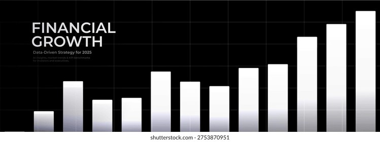 Financial Growth Data Strategy Analytics Forecast KPI Benchmarks Market Trends Dashboard Report Bar Chart. Black and White monochrome minimalistic Fintech Background. Vector Illustration