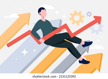 El concepto abstracto de crecimiento financiero y desarrollo. Un joven empresario sostiene una flecha apuntando hacia arriba. Éxito en los negocios o en el crecimiento del mercado de valores. Ilustración vectorial plana contemporánea de dibujos animados