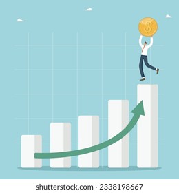 El crecimiento y el enriquecimiento financieros, el aumento del valor de las empresas y la inversión, el crecimiento de los ingresos y los salarios, el desarrollo económico, la estabilidad económica y de los mercados, el hombre feliz en la parte superior del gráfico con una moneda.